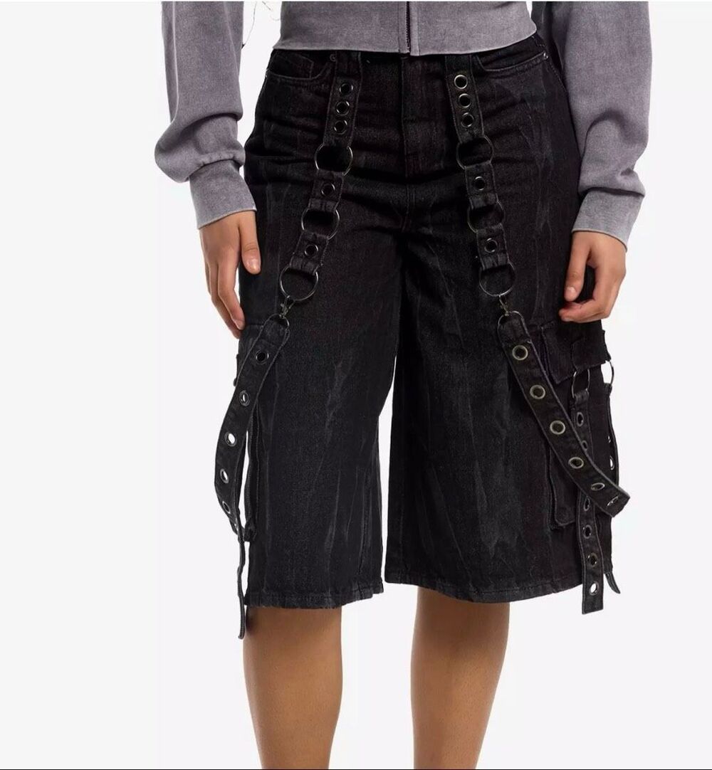 Hot Topic Social Collision Grey Wash Grommet Suspender Cargo Jorts Size 3/26 Nwt